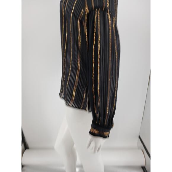 Derek Lam 10 Crosby Top Womens Size 8 Black Gold Metallic Stripes Sheer Silk - Picture 8 of 14